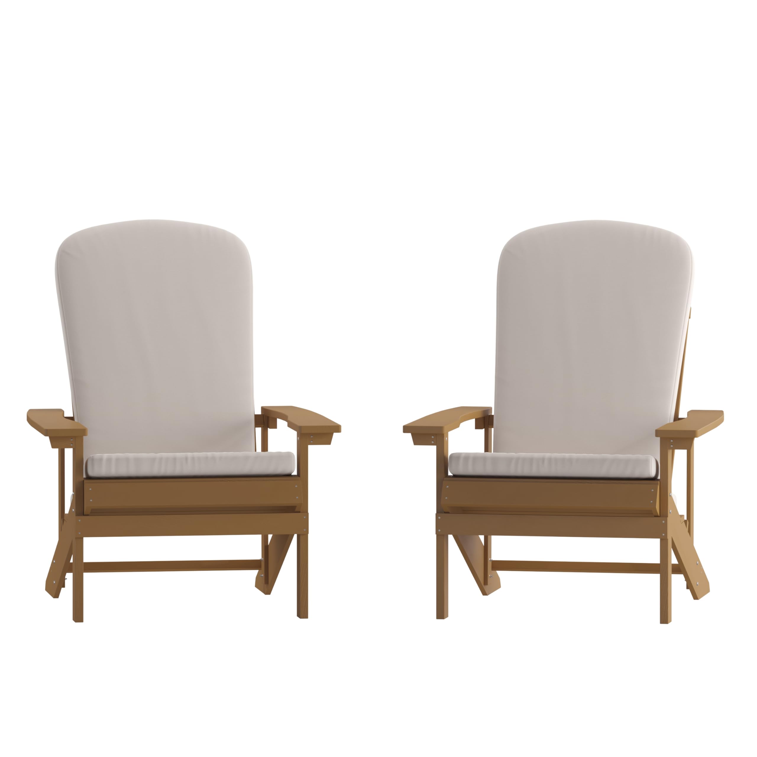 Set of 2 Adirondack Chairs in Teak with Cream Cushions, Porch, and Patio