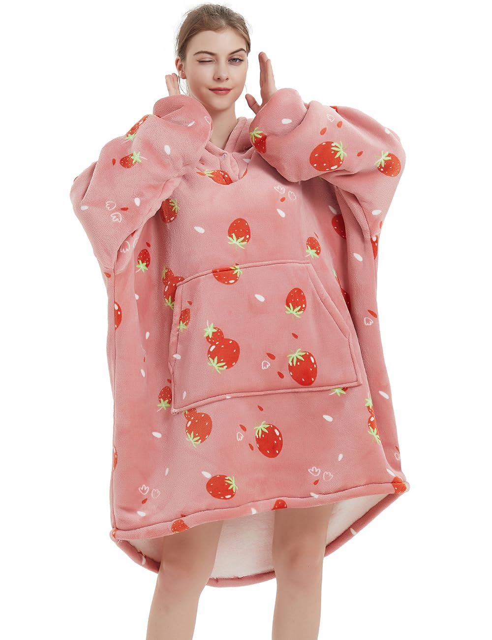 Nafleap Blanket Hoodie Women Wearable Blanket Adult Oversized Fleece Sherpa Christmas Sweatshirt Gift For Women, Strawberry