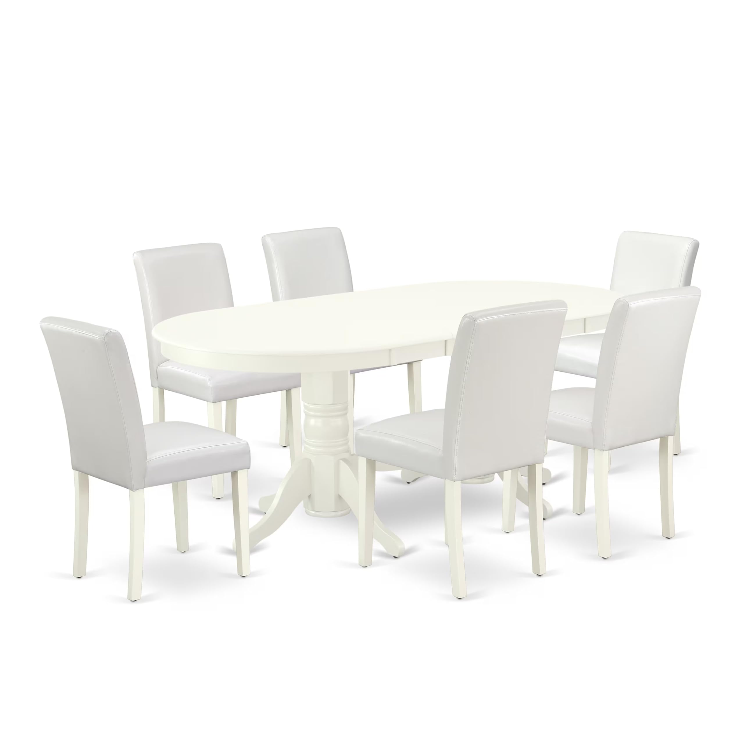 East West Furniture Vaab7-Lwh-64 7 Piece Dinette Set Consist Of An Oval Dining Room Table With Butterfly Leaf And 6 White Faux Leather Upholstered Chairs, 40X76 Inch, Linen White