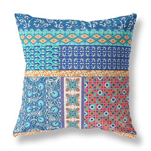 HomeRoots Blue and Orange 20â€ Blue Orange Patch Blown & Closed Suede Throw Pillow