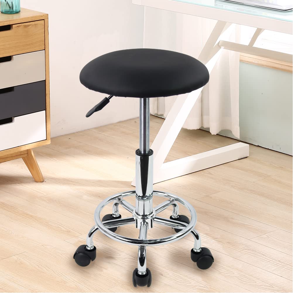 Kktoner Swivel Rolling Stool With Footrest Height Adjustable Pu Leather Salon Vanity Spa Massage Office Stool Chair Small (Black)