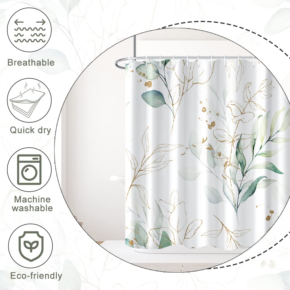 Ruelvth Sage Green Eucalyptus Shower Curtain, Spring Plant Leaves Shower Curtain Waterproof Fabric Watercolor Green And Gold Sho