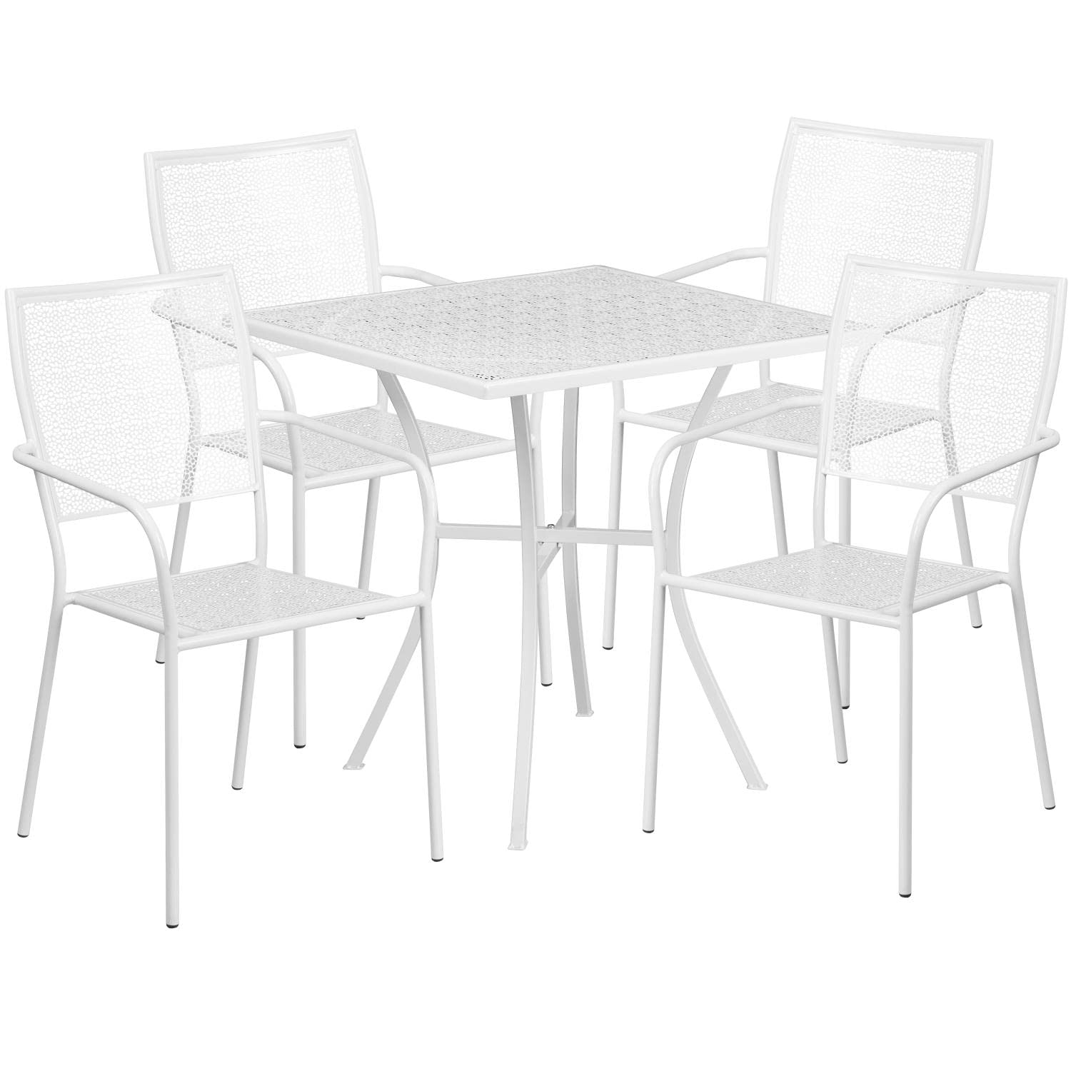 Flash Furniture Oia Commercial Grade 28' Square White Indoor-Outdoor Steel Patio Table Set With 4 Square Back Chairs