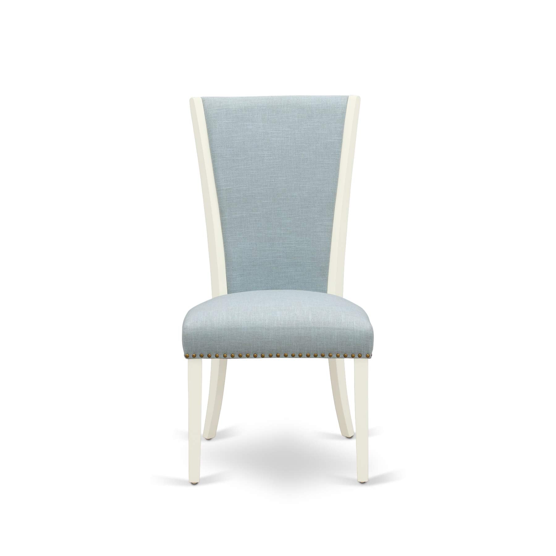 East West Furniture Vep2T15 Verona Parson Dining Chairs - Nailhead Trim Baby Blue Linen Fabric Padded Chairs, Set Of 2, Linen White