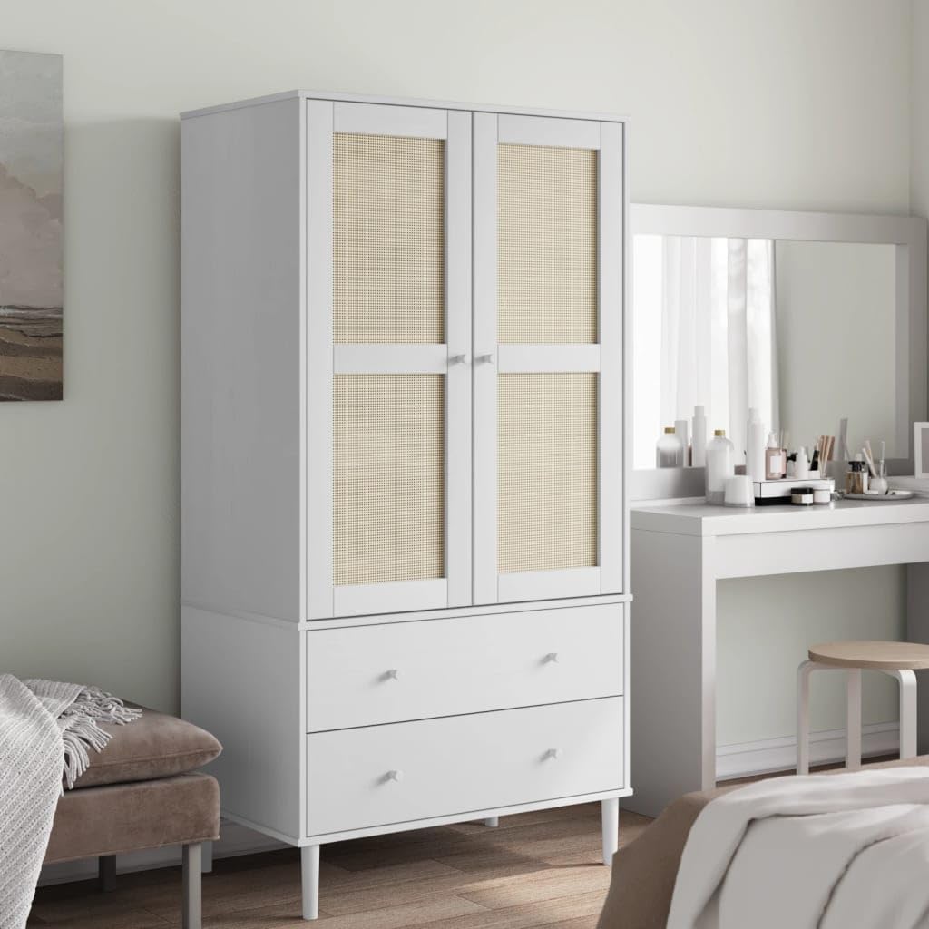 vidaXL SENJA White Wardrobe Caninet with Poly Rattan Look - Ample Storage of Clothes and Accessories, Solid Pine Wood and Engineered Wood Construction, Midcentury Modern Boho Aesthetic