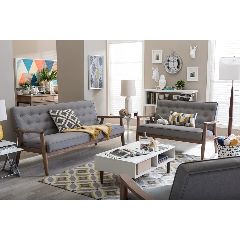 Baxton Studio Sorrento Mid-century Retro Modern Grey Fabric Upholstered Wooden 3 Piece Living room Set