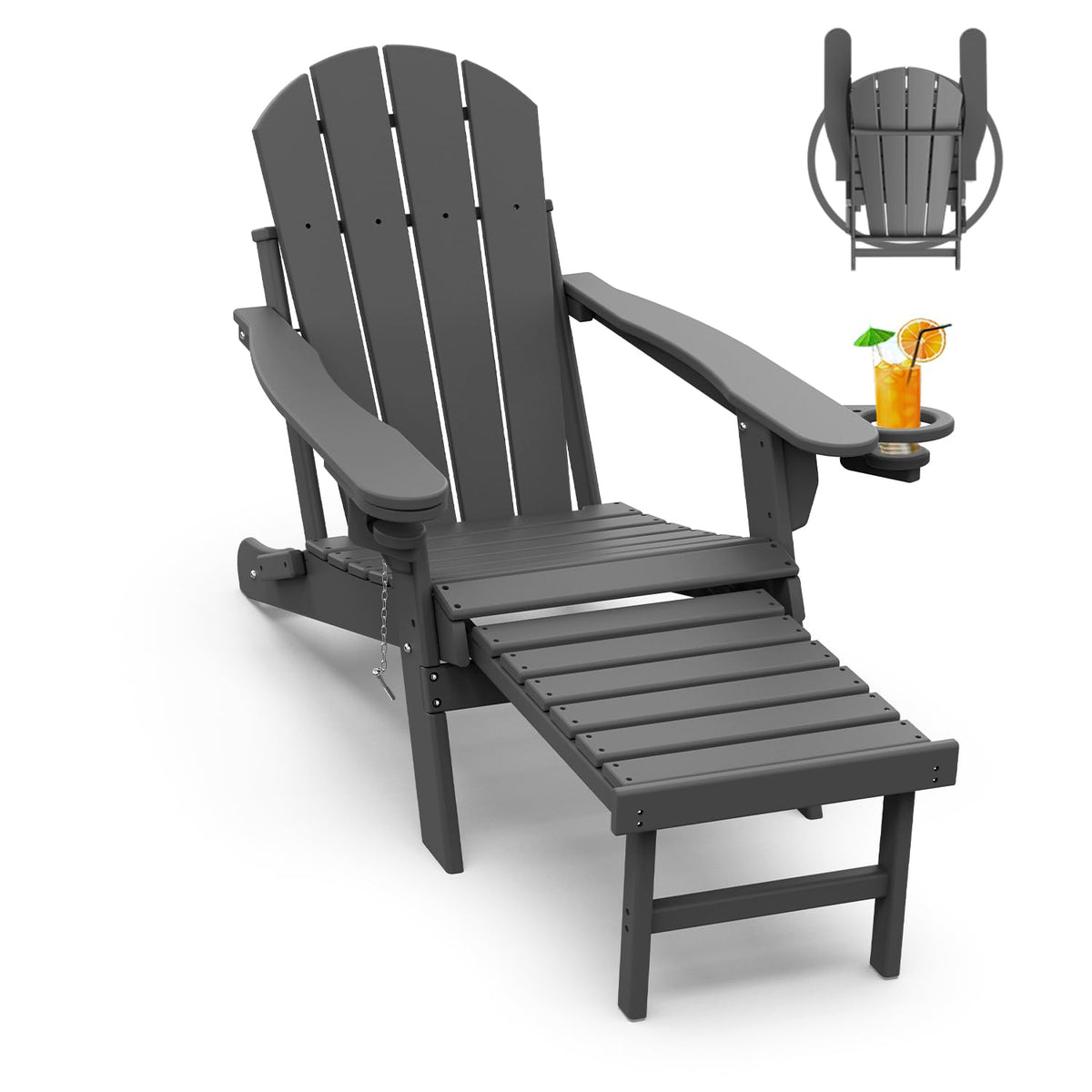 Greenvines Adirondack-Chairs-With-Ottoman | Folding | Retractable-Footrest | Hdpe Plastic | All Weather Fire Pit Chair | Cup Holders | Grey | For Outdoor Poolside