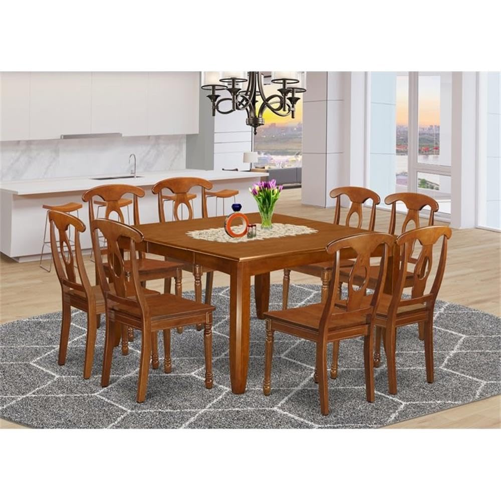 East West Furniture PFNA9-SBR-W 9 Piece Dining Room Furniture Set Includes a Square Wooden Table with Butterfly Leaf and 8 Kitchen Dining Chairs, 54x54 Inch, Saddle Brown