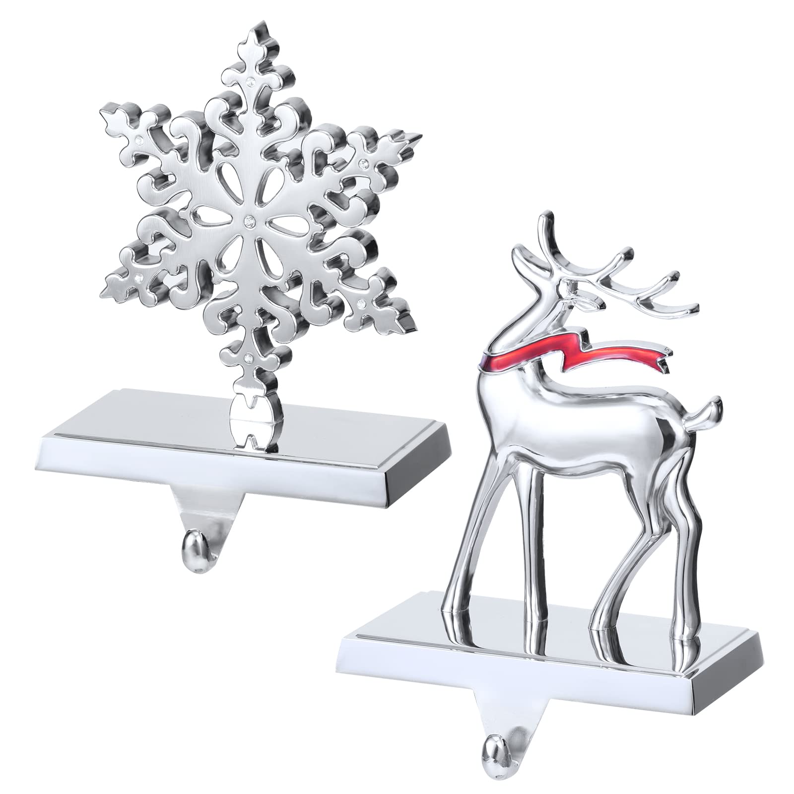 Christmas Stocking Holders, Set of 2 Snowflake & Reindeer Silver Stocking Holder, Weighted Personalized Christmas Stockings Hang
