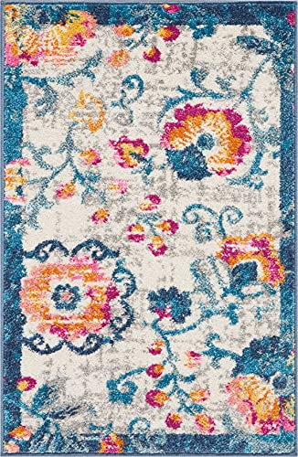 HomeRoots 100% Polypropylene 2’ x 3’ Ivory and Blue Floral Vines Scatter Rug