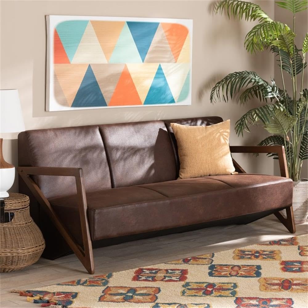 Baxton Studio Christa Mid-Century Modern Transitional Dark Brown Faux Leather Effect Fabric Upholstered and Walnut Brown Finished Wood Sofa