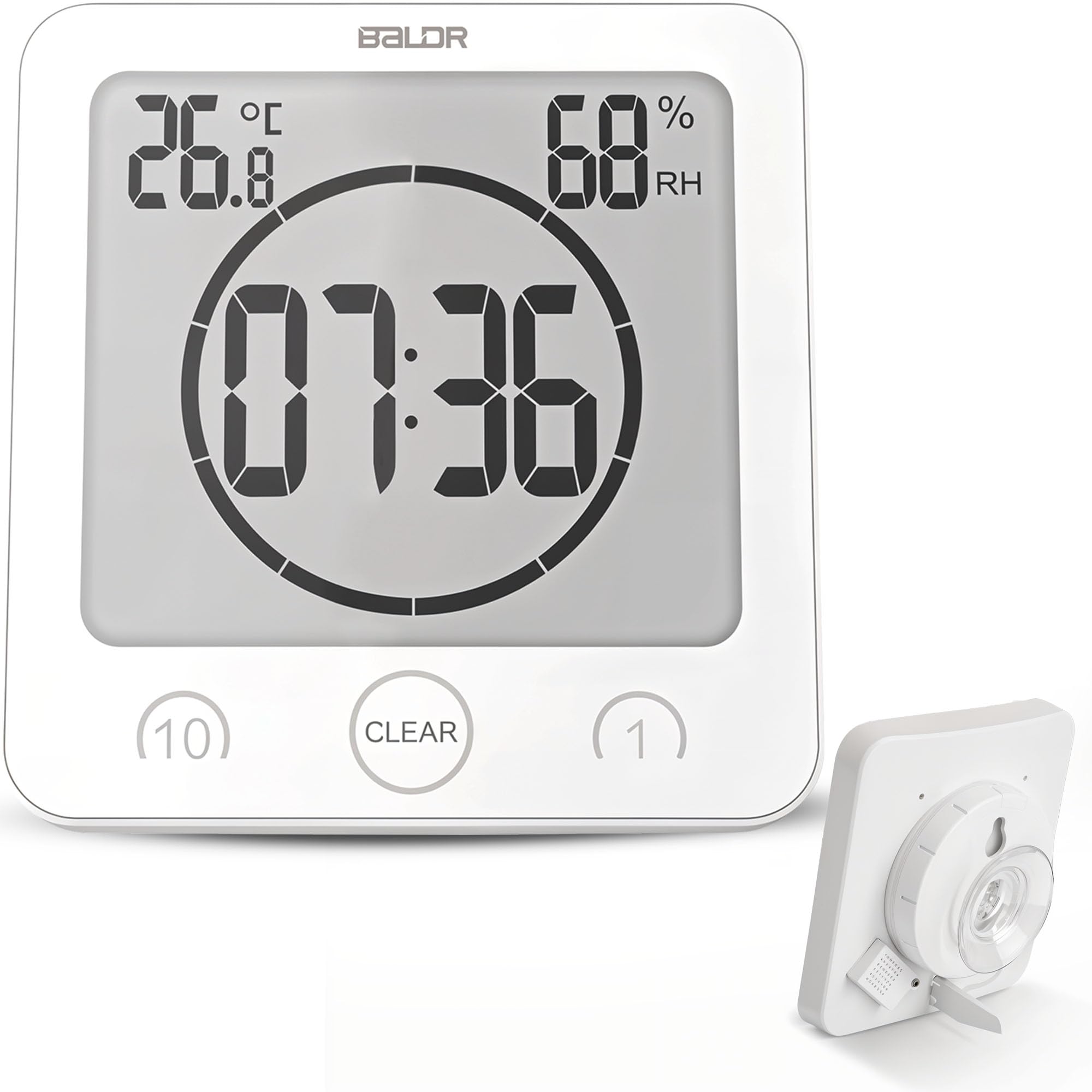 BALDR Digital Shower Clock with Timer - White - Water-Resistant Shower Timer, Countdown Timer Clock with Temperature and Humidit