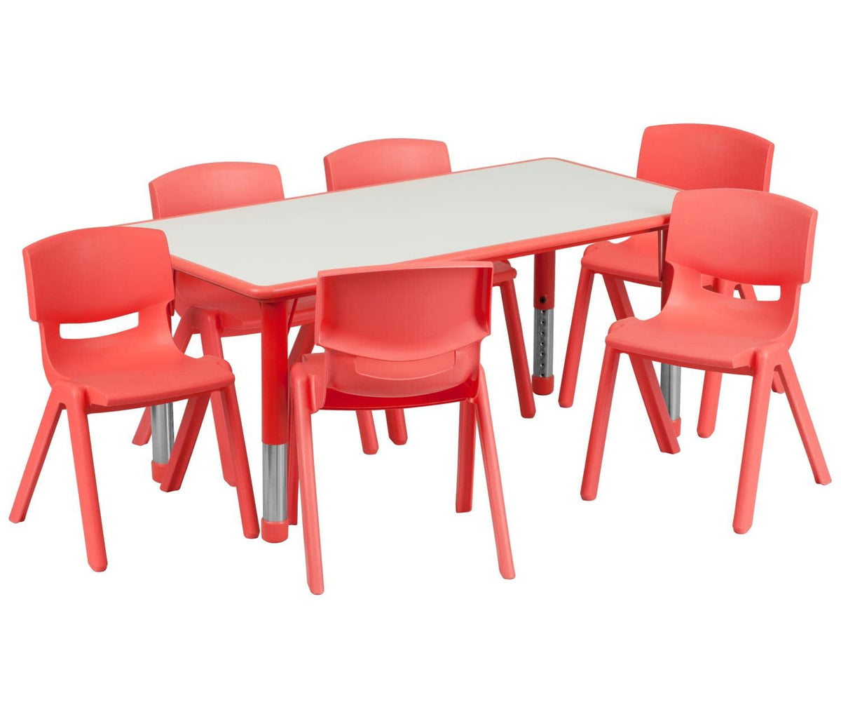 Flash Furniture Emmy Adjustable Classroom Activity Table With 6 Stackable Chairs, Rectangular Plastic Activity Table For Kids, 23.625&quot; W X 47.25&quot; L, Red/Gray