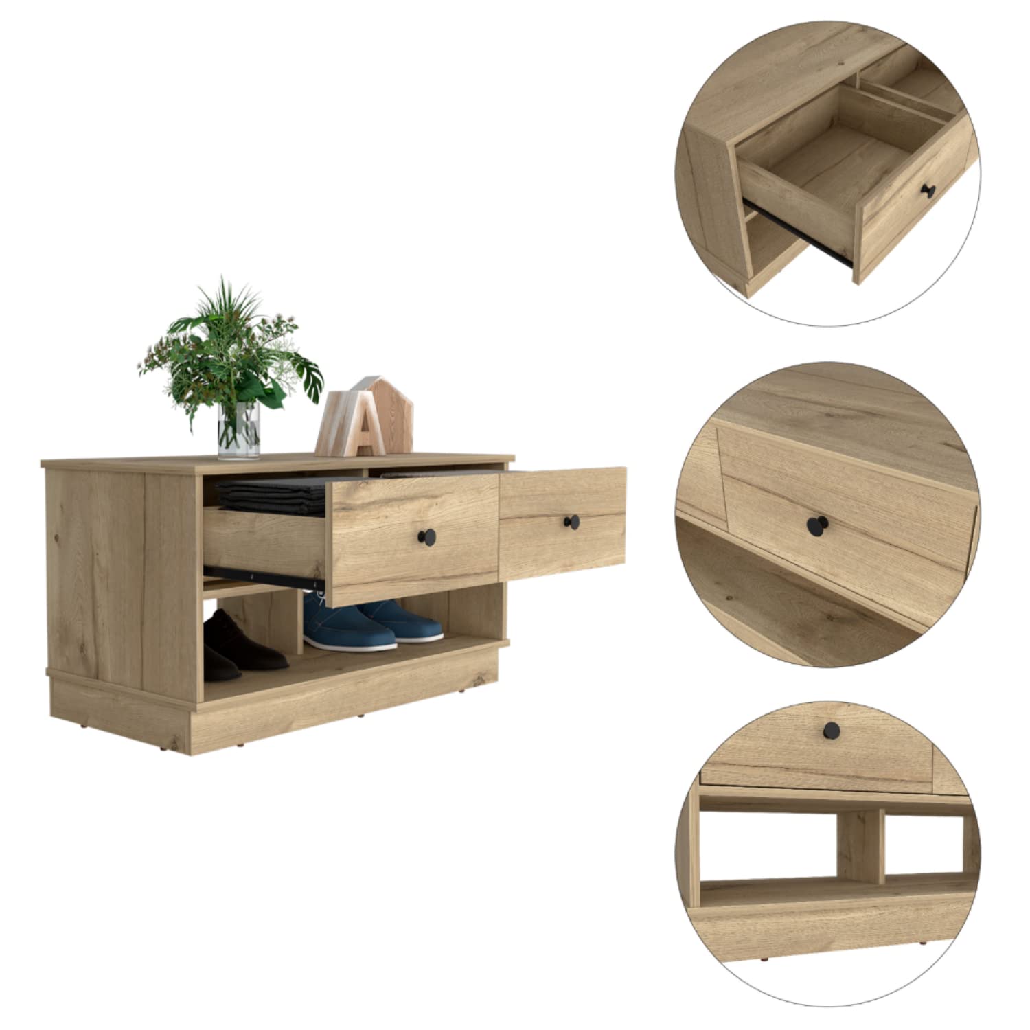 Uranus Storage Bench, 2 Drawers, 2 Open Shelves, Light Oak