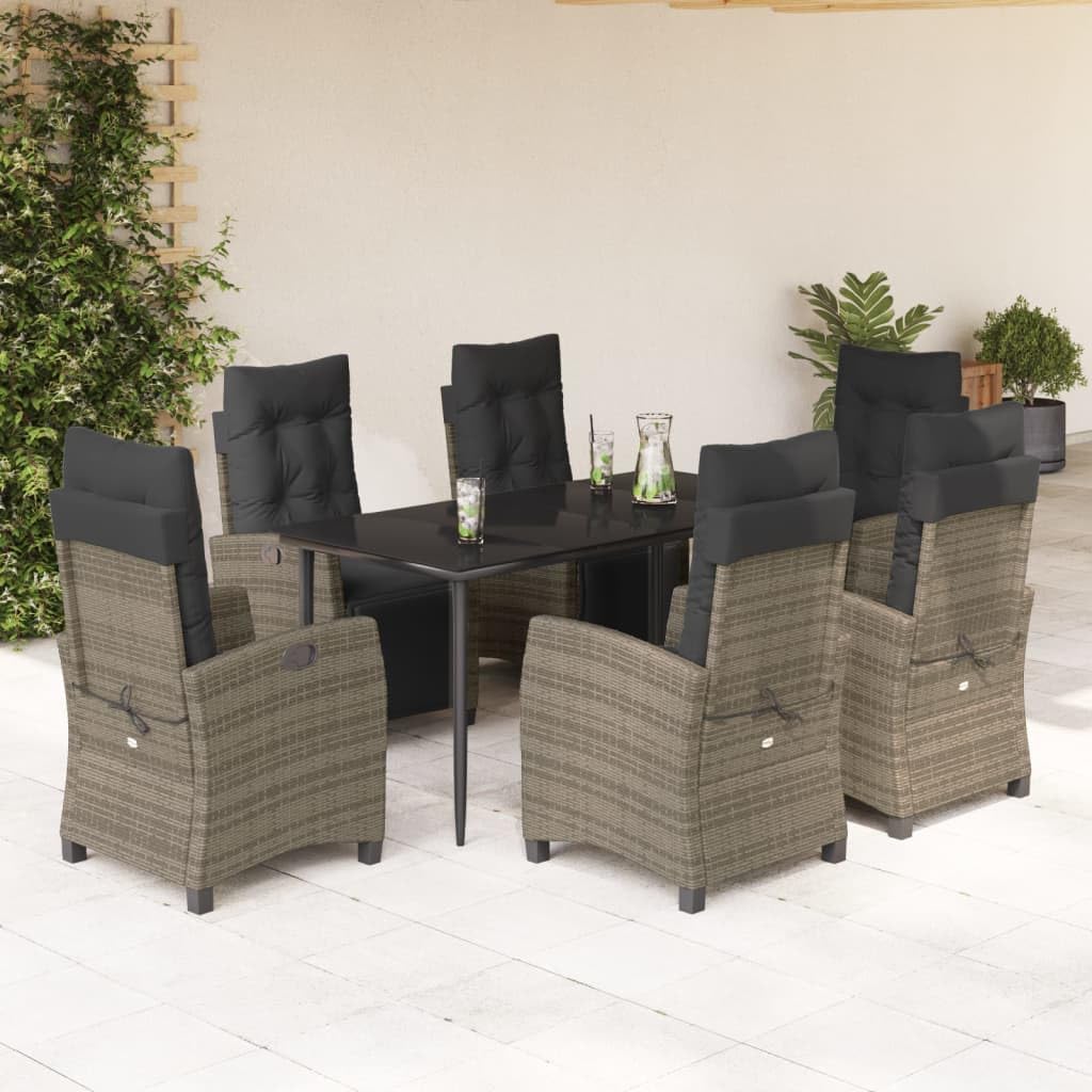 vidaXL 7 Piece Patio Dining Set - Gray Poly Rattan Outdoor Furniture with Adjustable Chairs, Cushions & Rectangular Glass Table for Garden, Backyard, Patio