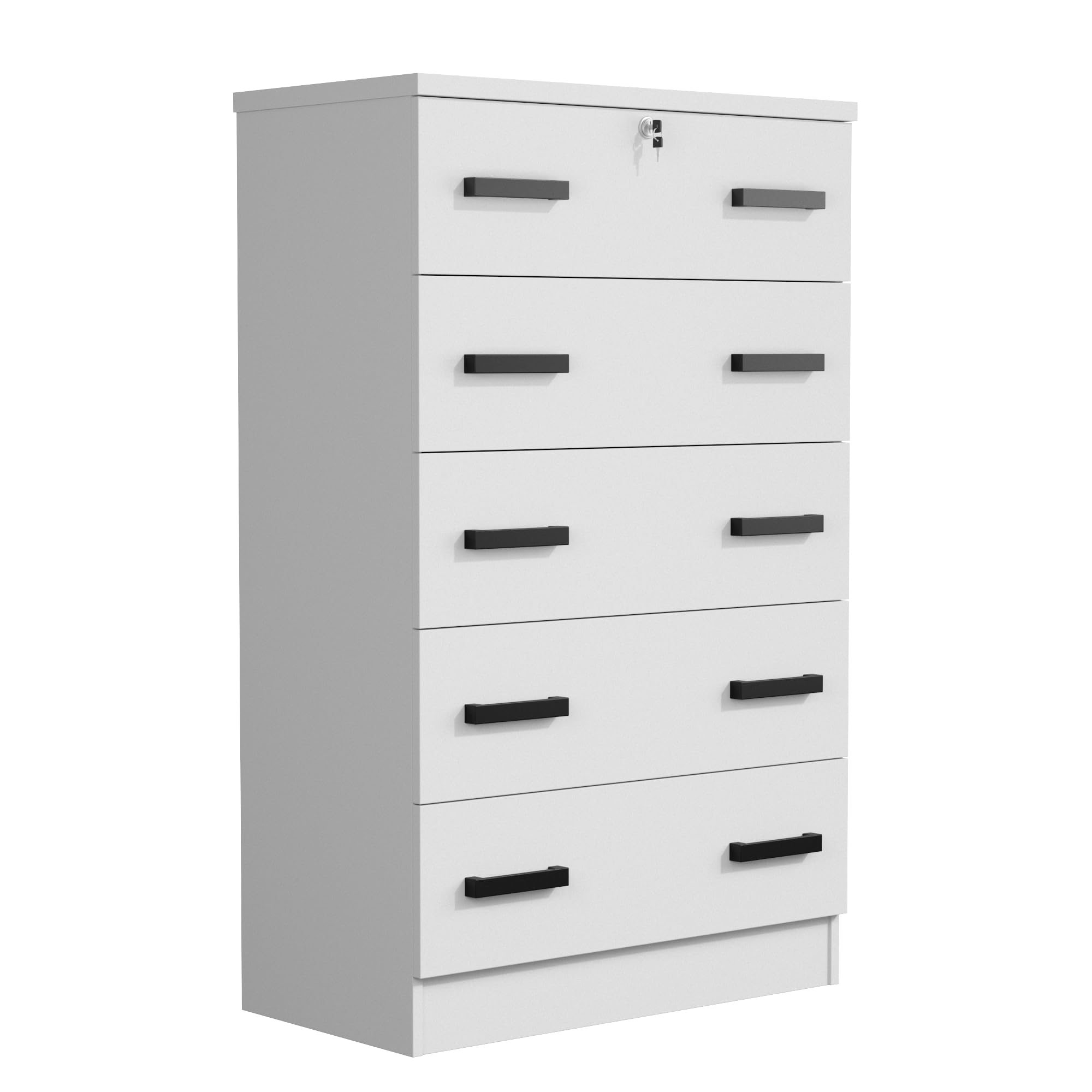Cindy 5 Drawer Chest Wooden Dresser with Lock (White)