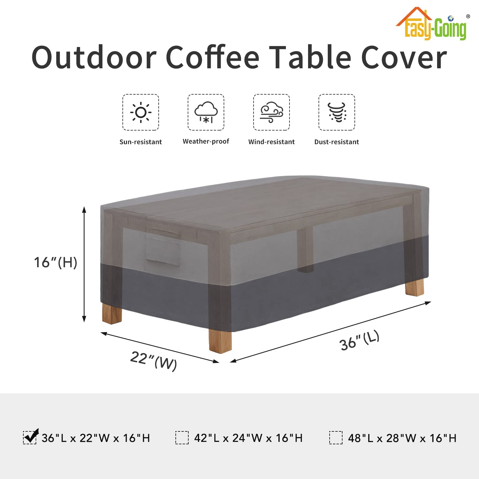 Easy-Going Patio Coffee Table Cover Small Outdoor Rectangular Table Cover, Uv Resistant Waterproof Patio Furniture Cover (36'Lx22'Wx16'H, Gray/Dark Gray)