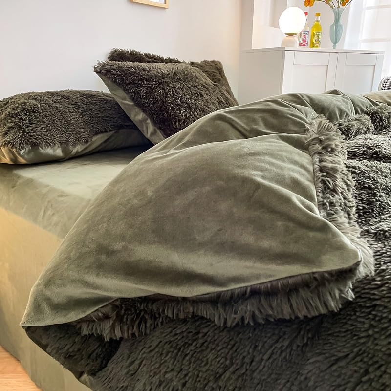 Chovy Faux Fur Plush Blackish Gree Comforter Sets Twin - Ultra Soft Shaggy Flannel Velvet Fluffy Fuzzy 3Pc Bedding Set (Comforte