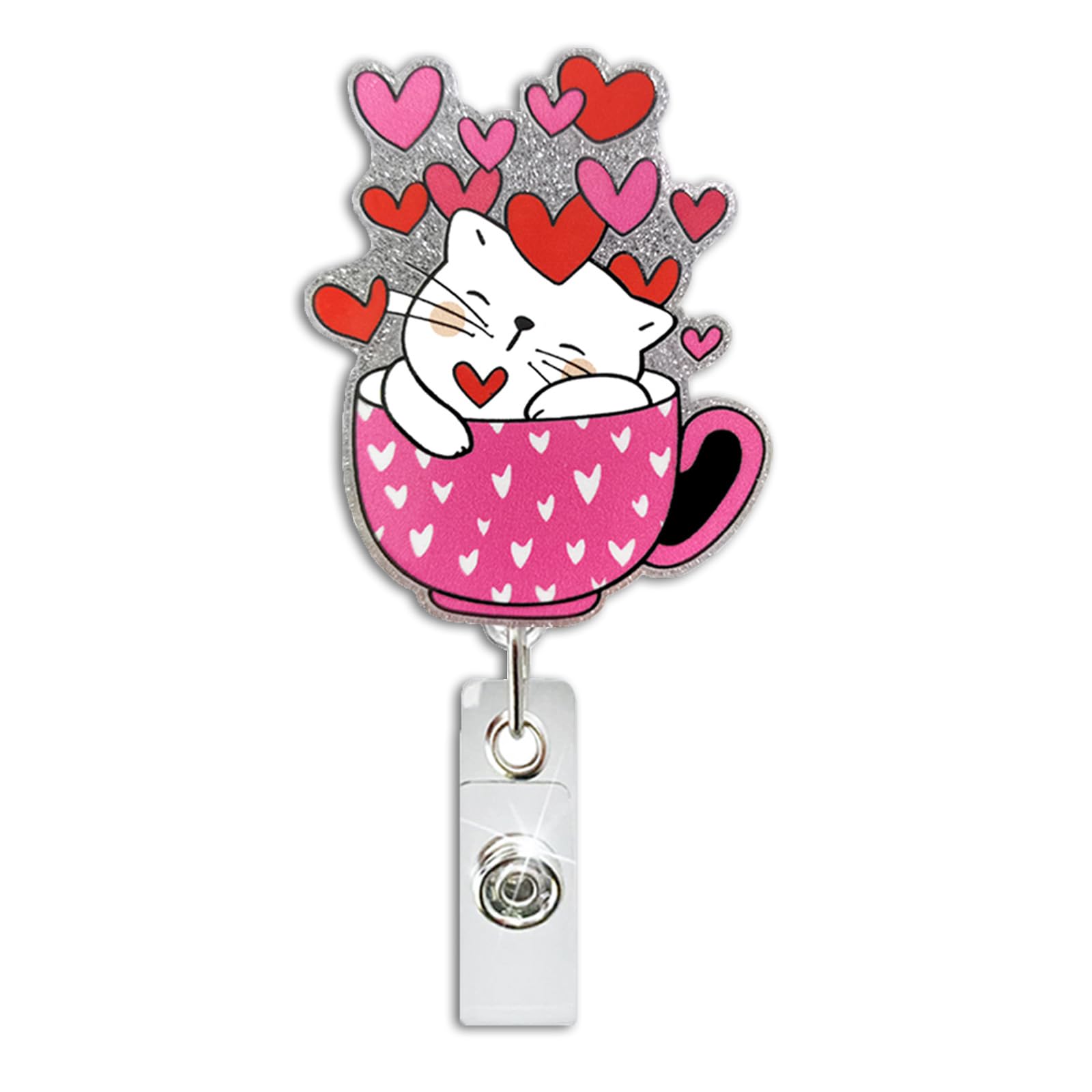 Valentines Day Love Cat Cup Retractable Badge Holder Valentines Cute Retractable Badge Reel Cute Cat Name Tag Acrylic Alligator
