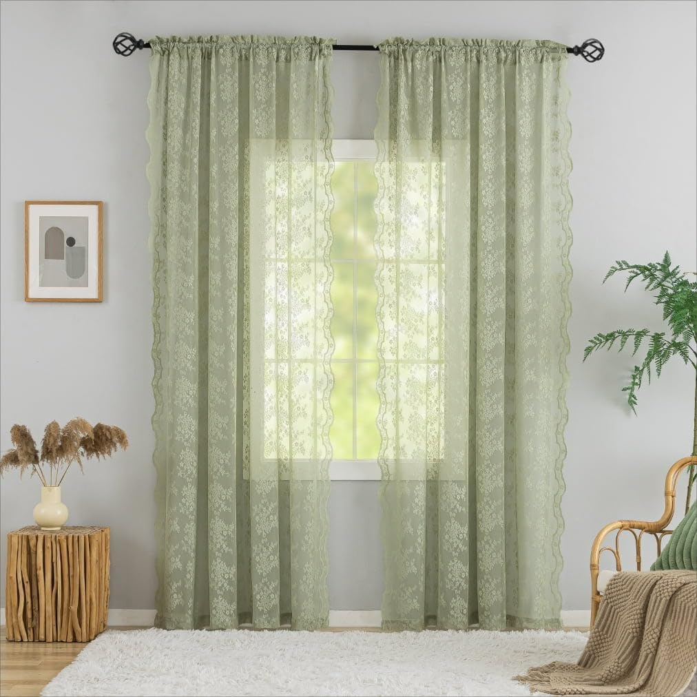Sage Green Drapes 108 Inches Long 2 Panels For Big Window Extra Long Flowy Bohemian Curtains For Dining Room 9 Ft Tall Lace Croc