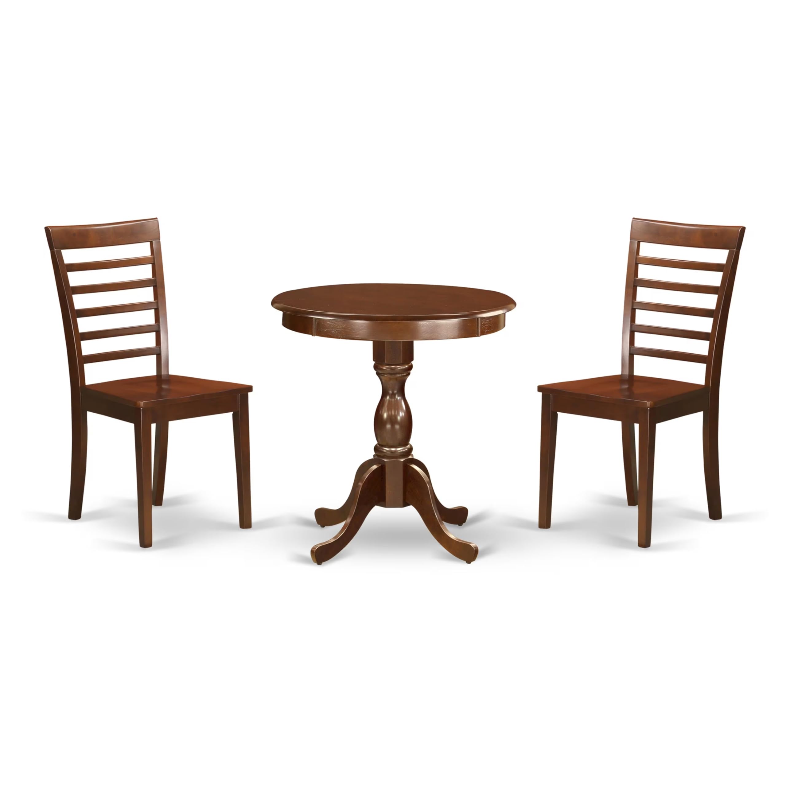 East West Furniture Esml3-Mah-W 3 Piece Dining Room Furniture Set Contains A Round Dining Table With Pedestal And 2 Wood Seat Chairs, 30X30 Inch, Mahogany