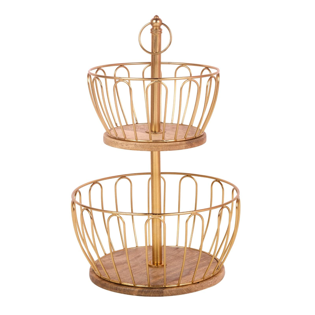 Craft Brio A TRENDY HANDICRAFTS Round 2 Metal And Wooden Tier Home And Kitchen Fruit Vegetable Baskets (Gold, 16.5 Inches Heigh