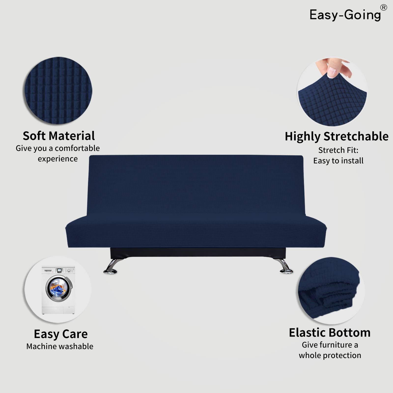 Easy-Going Stretch Futon Slipcover Armless Futon Bed Cover Furniture Protector Without Armrests With Elastic Bottom For Kids, Soft Jacquard Fabric Small Checks (Large, Navy)