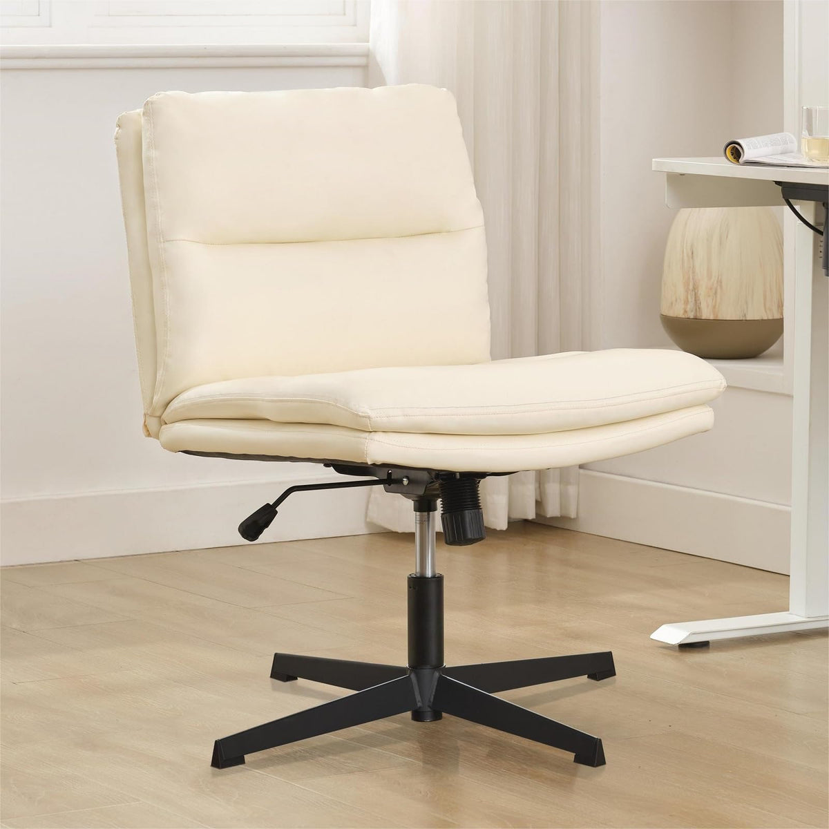 Okeysen Armless Criss Cross Chair No Wheels, Wide Seat Cross Legged Comfy Office Desk Chair No Wheels, Pu Leather Adjustable Swi