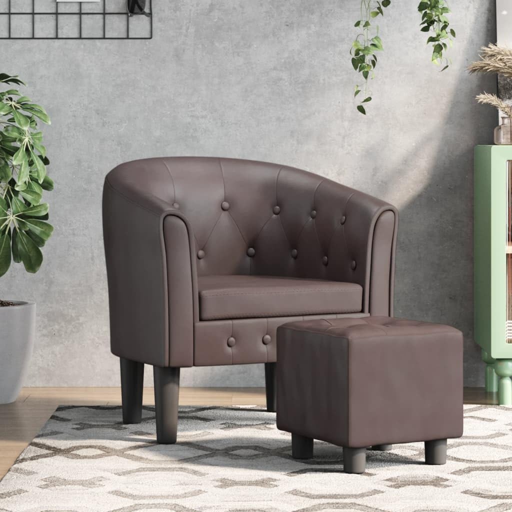 vidaXL Brown Heritage Faux Leather Tub Chair with Footstool - Ultra-Comfortable Padded Seat, Armrest and Backrest - Ideal for Living Room, Bedroom, Office or Lounge