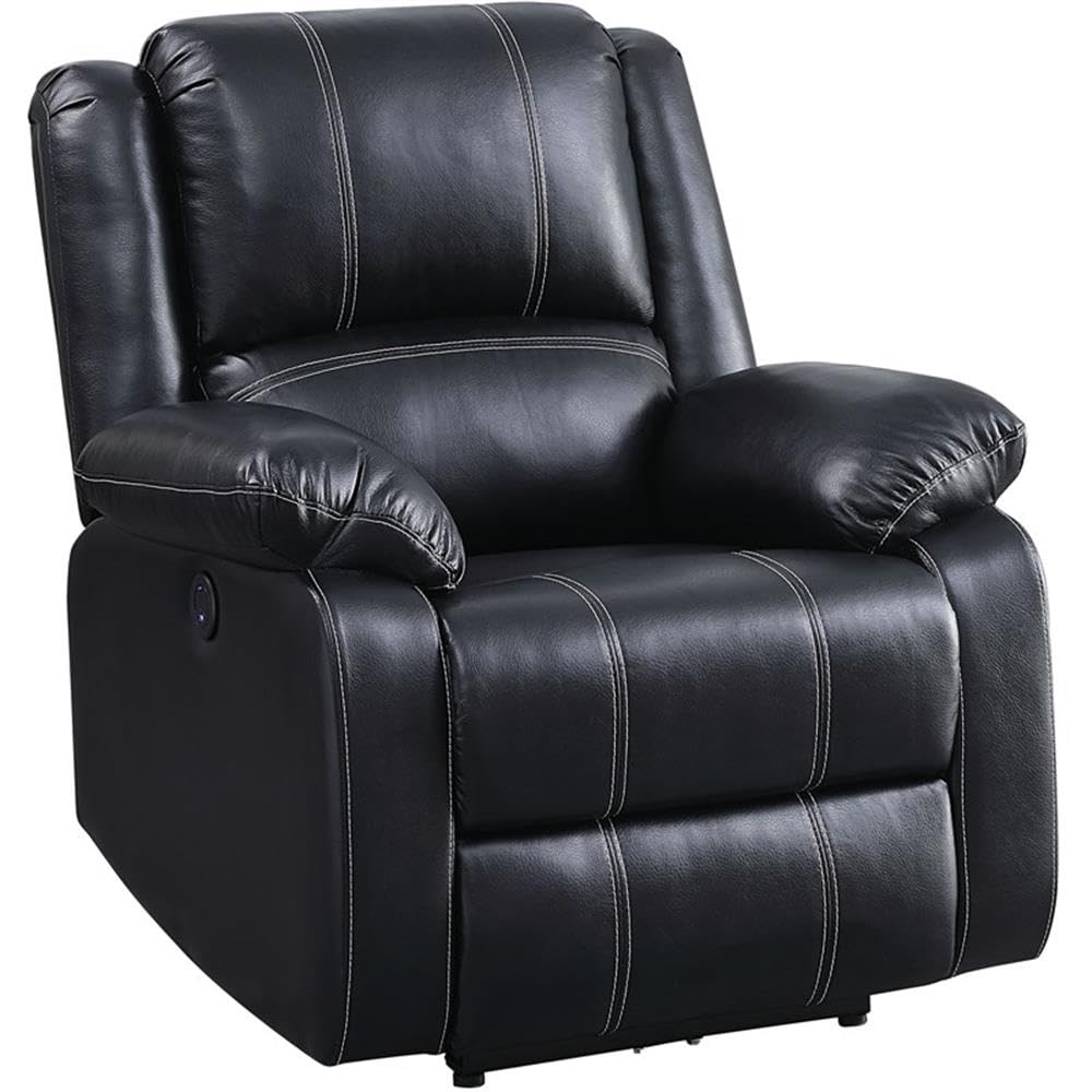 Acme Zuriel Faux Leather Power Recliner With Pillow Top Armrest In Black