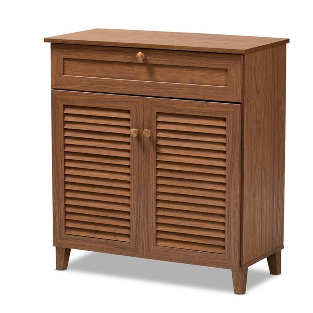 Baxton Studio Coolidge Modern and Contemporary Walnut Finished 4-Shelf Wood Shoe Storage Cabinet with Drawer