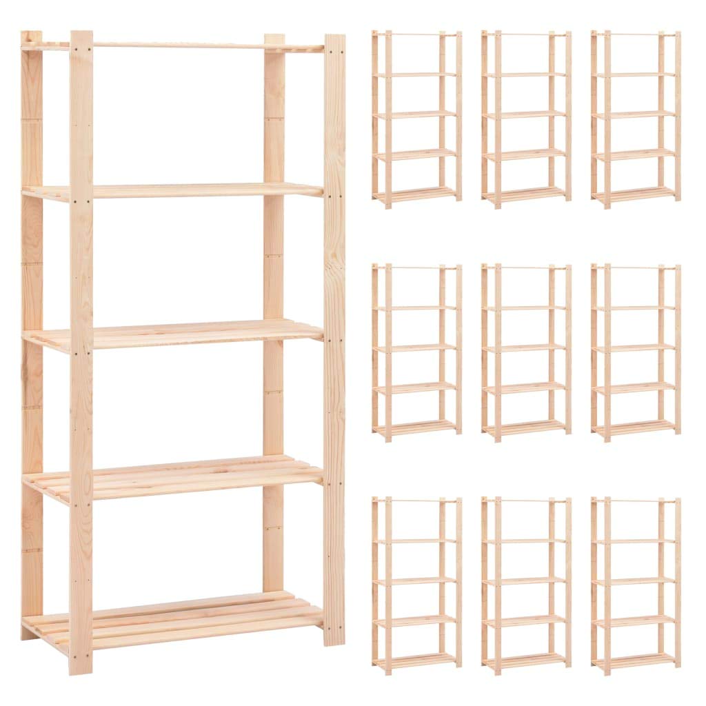 Vidaxl Solid Pinewood 5-Tier Storage Racks - Pack Of 10 Pieces - Natural Finish - Strong Load-Bearing Capacity - Suitable For Kitchen, Office, Garage, Laundry Room - Easy Assembly With Included Mo...