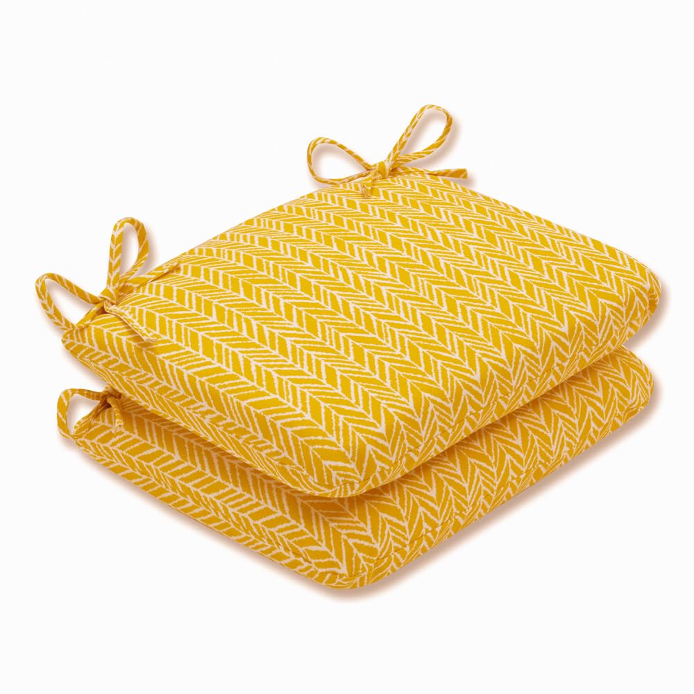 Pillow Perfect Outdoor/Indoor Herringbone Egg Yolk Round Corner Seat Cushions, 18.5' X 15.5', Yellow, 2 Count