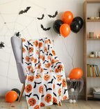 Serafina Home Throw Halloween Blanket: Fuzzy Happy Jack O'Lantern Pumpkins And Black Bat Print On Velvet Fleece For Sofa Bed Cou