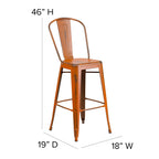 Flash Furniture Carly Commercial Grade 30" High Orange Metal Indoor-Outdoor Bar Height Stool with Back and Teak Polystyrene Seat