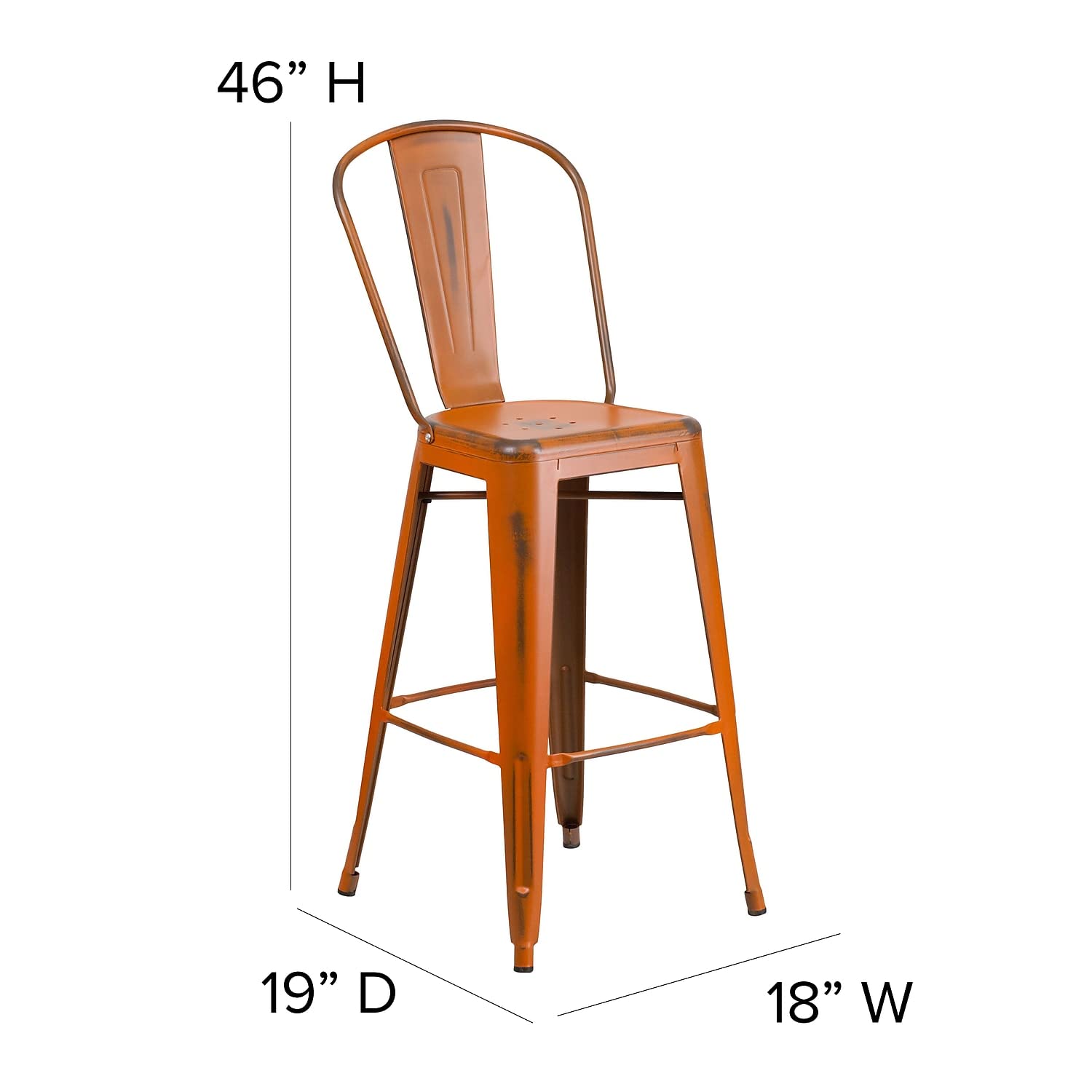 Flash Furniture Carly Commercial Grade 30" High Orange Metal Indoor-Outdoor Bar Height Stool with Back and Teak Polystyrene Seat