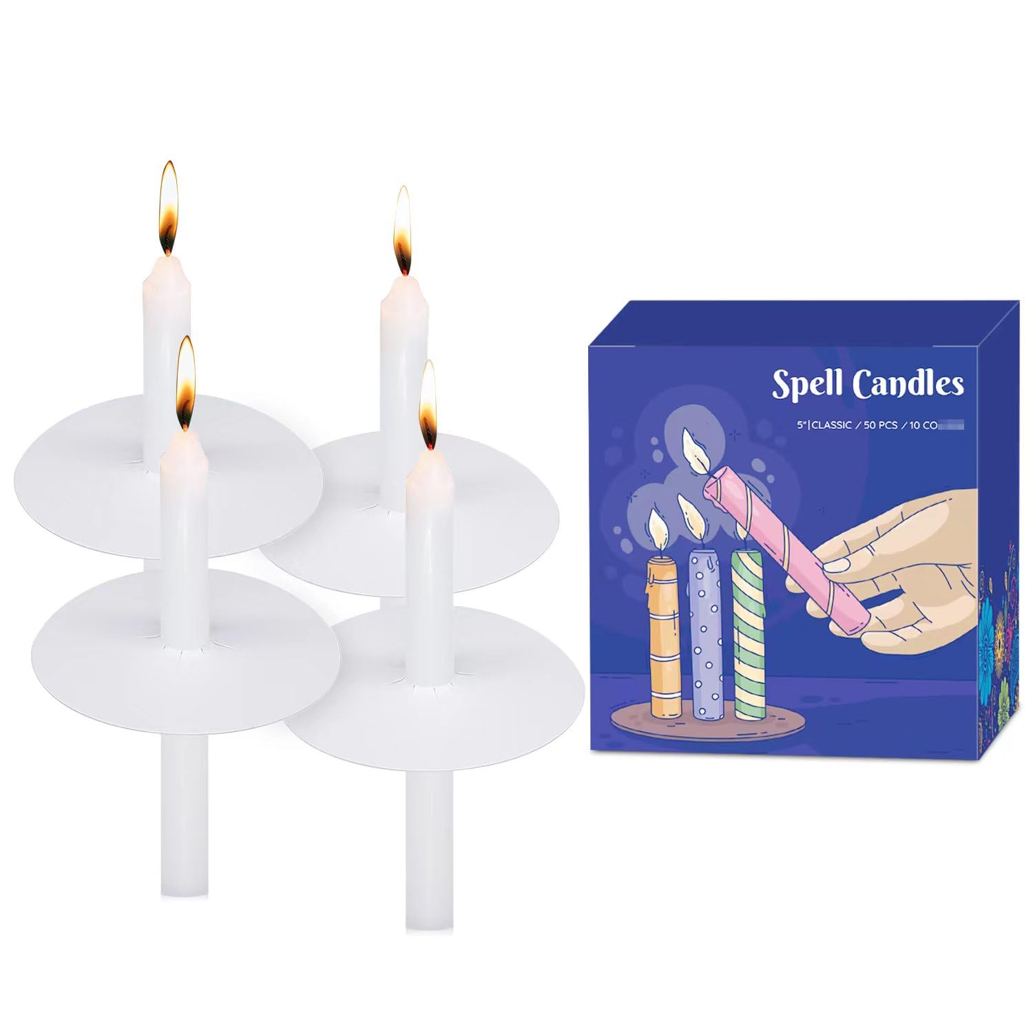 UNICY 50 Pack 5 Inch White Taper Candles, Church Candle Bulk with Drip Protectors, Unscented Candlesticks for Christmas Eve and 