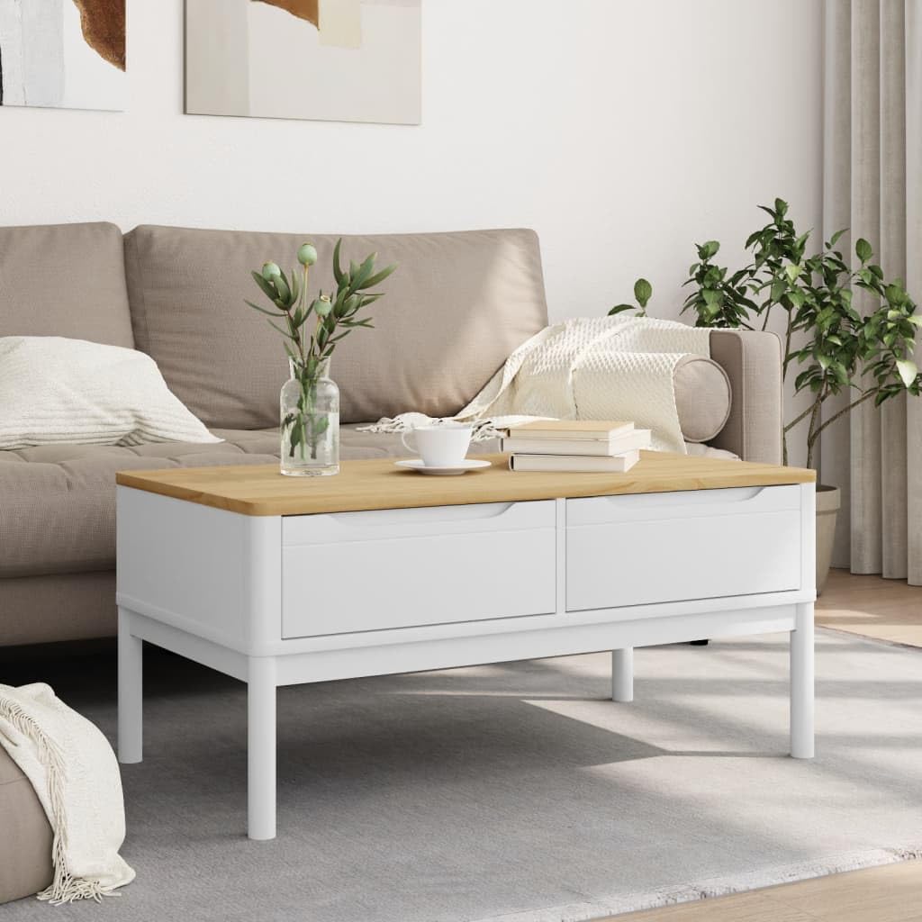 vidaXL - Floro Coffee Table White Solid Pine Wood - Rectangular Modern Side Table with 2 Drawers - 39 x 21.9 x 17.7