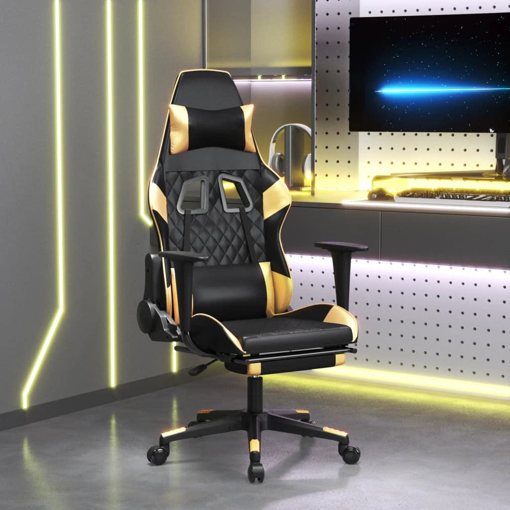 vidaXL Adjustable Gaming Chair with Footrest - Black and Gold Faux Leather Upholstery - with Rolling Castors and 360-degree Swivel - Sturdy Metal, Plywood Construction and Foam Filling