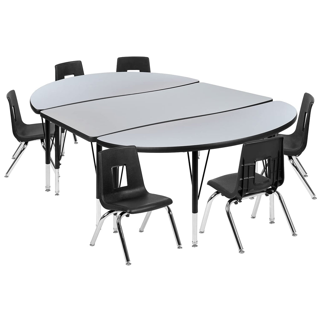 Flash Furniture 76" Oval Wave Collaborative Laminate Activity Table Set With 14" Student Stack Chairs, Grey/Black