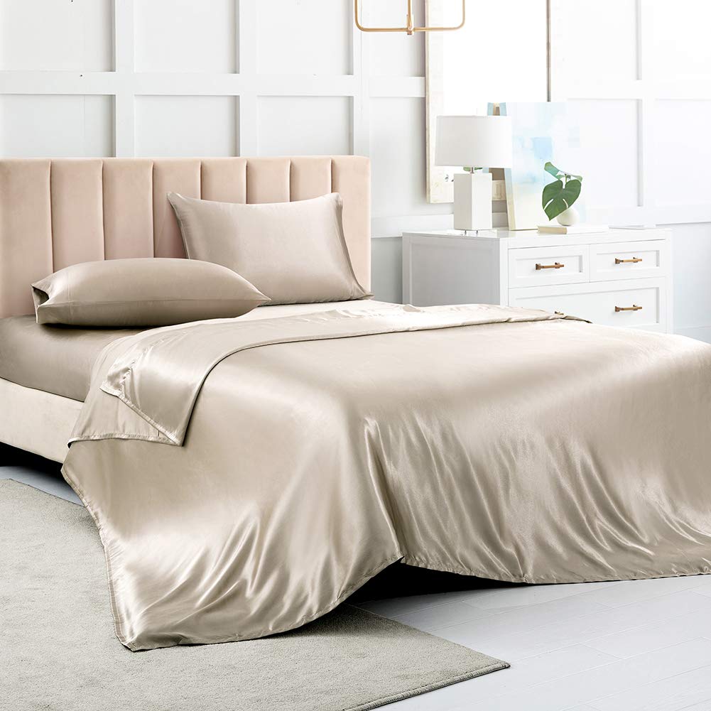 Satin Bed Sheets Full Size Sheet Sets, Taupe Silk Sheets, 4 - Pieces Soft Bedding Set With 1 Deep Pocket Fitted Sheet,1 Flat She