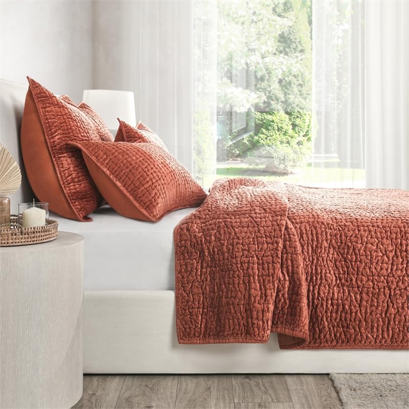 Kosas Home Dimitry 92" Velvet and Cotton Sateen Queen Quilt in Terracotta Orange
