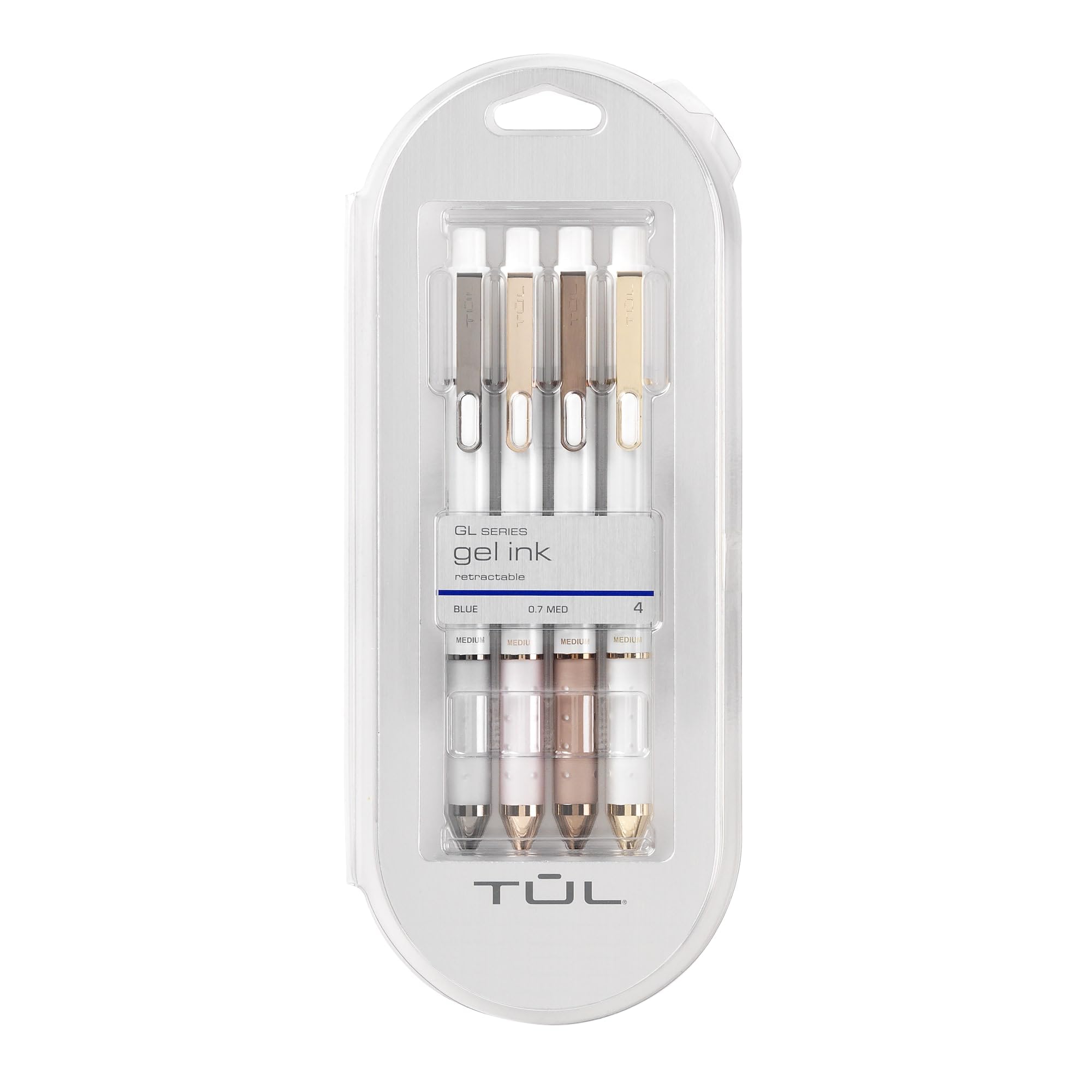 Tul Gl Series Retractable Gel Pens, Medium Point, 0.7 Mm, Pearl White Barrel, Blue Ink, Pack Of 4 Pens
