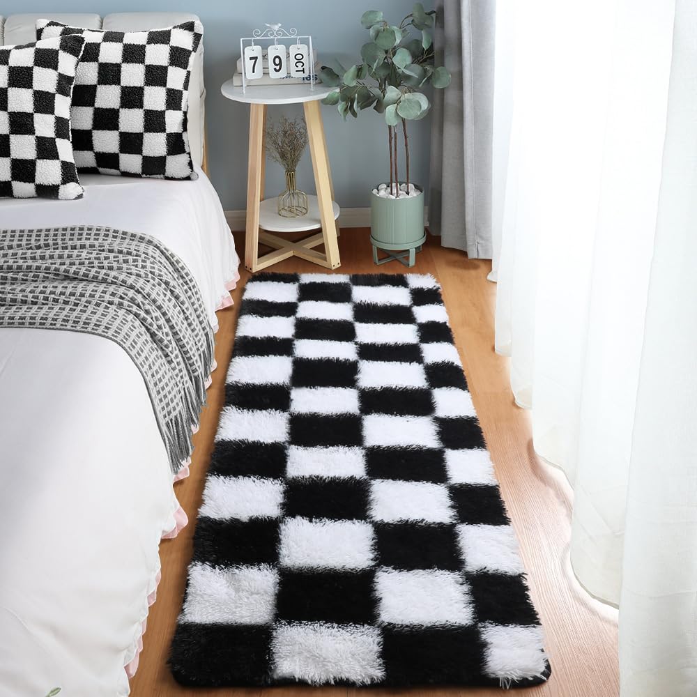 KICMOR Fluffy Soft Runner Rug for Bedroom Living Room, 2x6 Black and White Checkered Rugs Fuzzy Plush Shaggy Bedside Carpet, Non