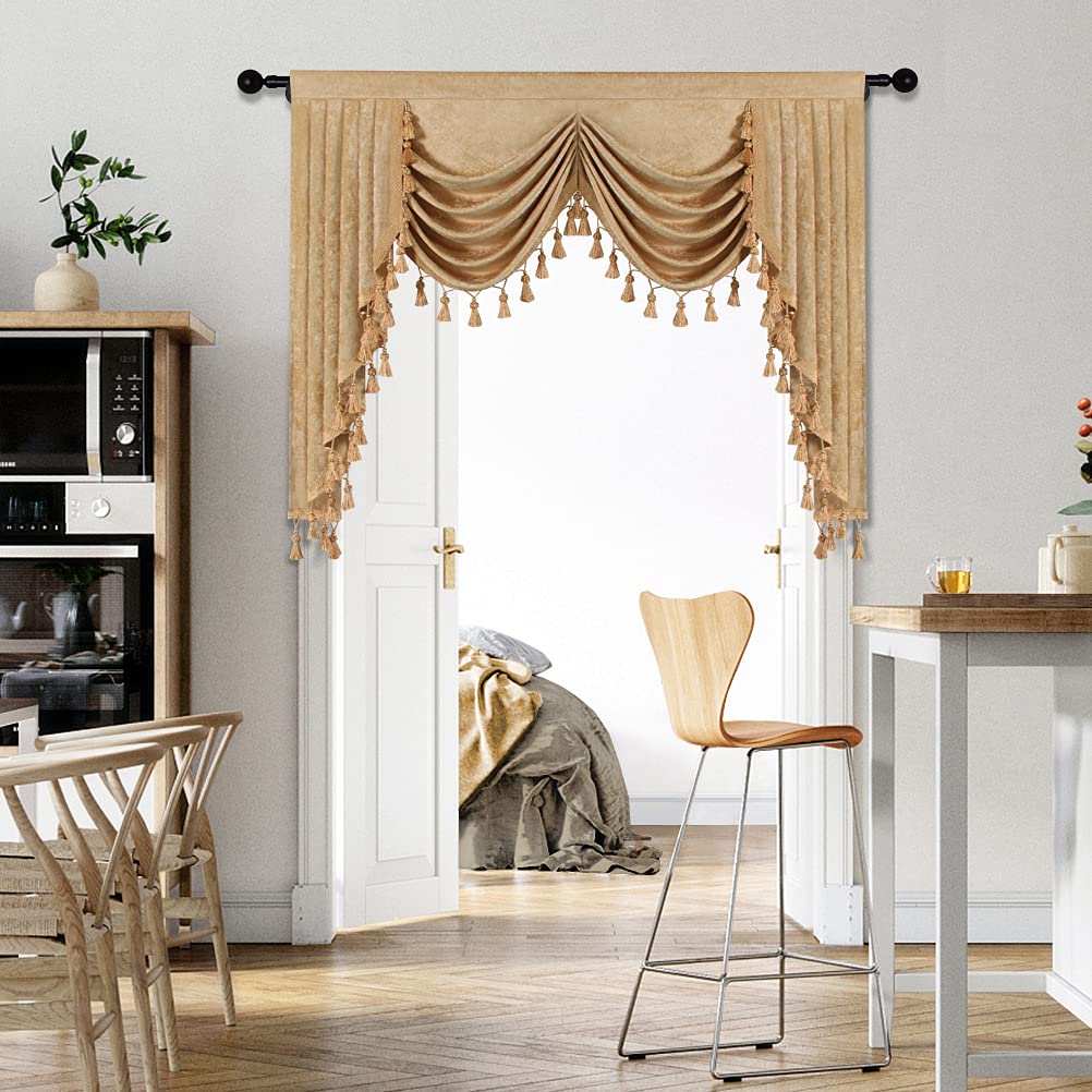 Elkca Thick Chenille Window Curtains Valance For Living Room Gold Waterfall Valance For Kitchen,Rod Pocket (W59Inch, 1 Panel)