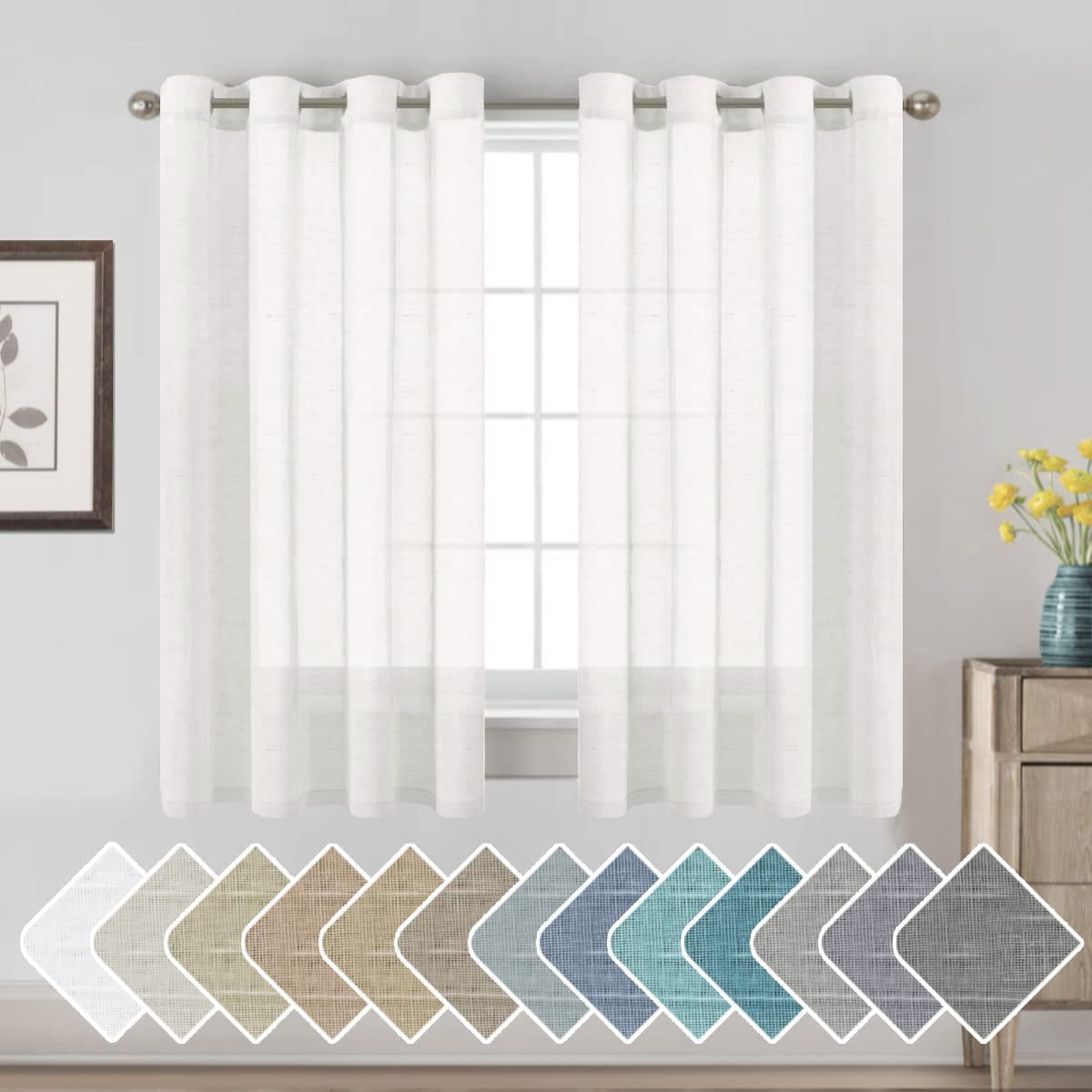 H.Versailtex White Linen Curtains Flax Linen Blended Curtain Panels For Living Room/Bedroom Semi Sheer Privacy Curtains 63 Inch