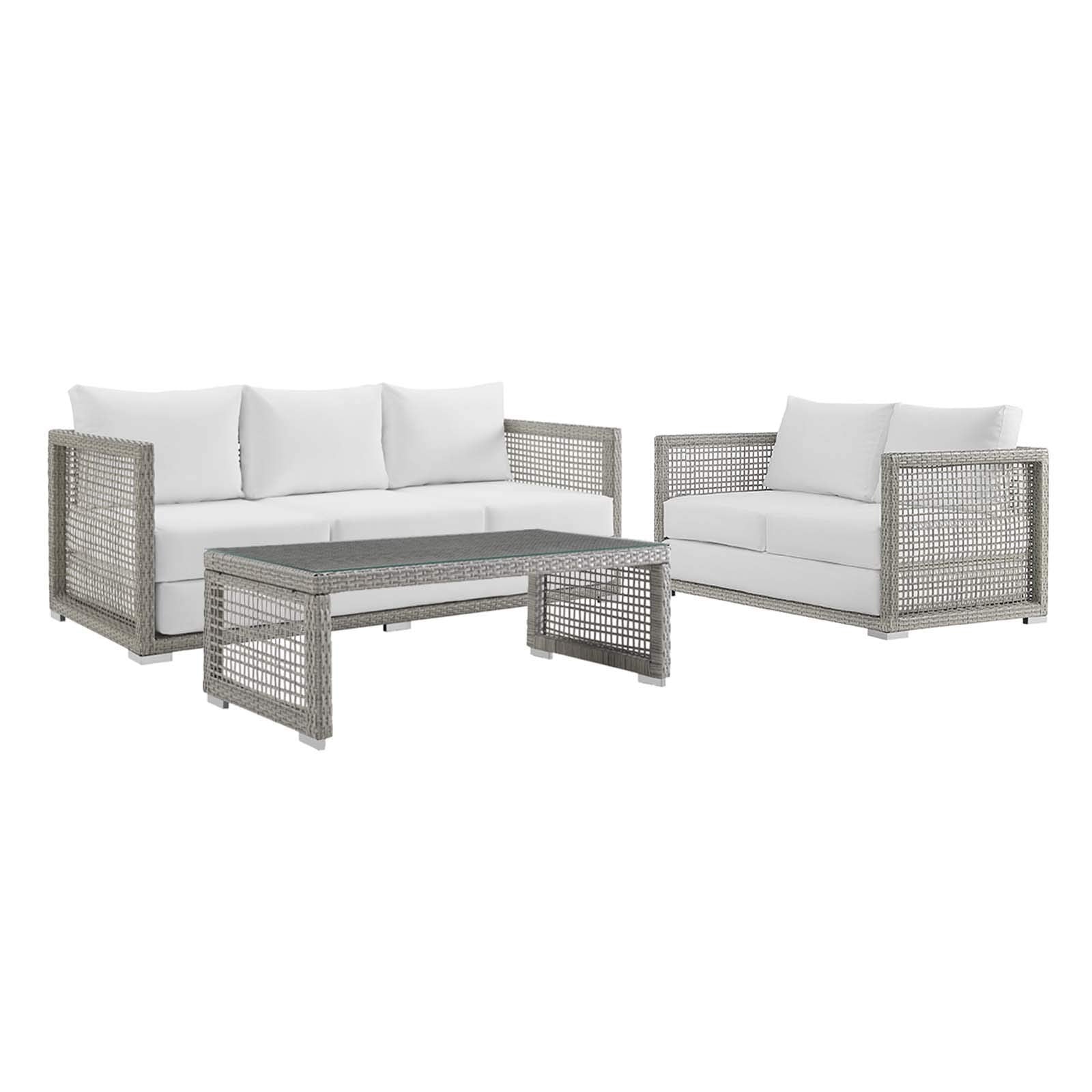 Modway Aura Outdoor Patio Wicker Rattan, Sofa, Loveseat And Coffee Table, Gray White