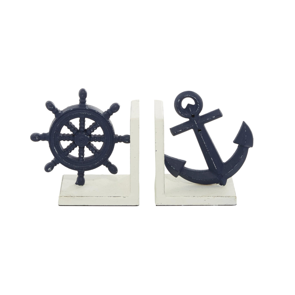 Deco 79 Metal Anchor And Ship Wheel Bookends, Set Of 2 6''W, 6''H, Blue