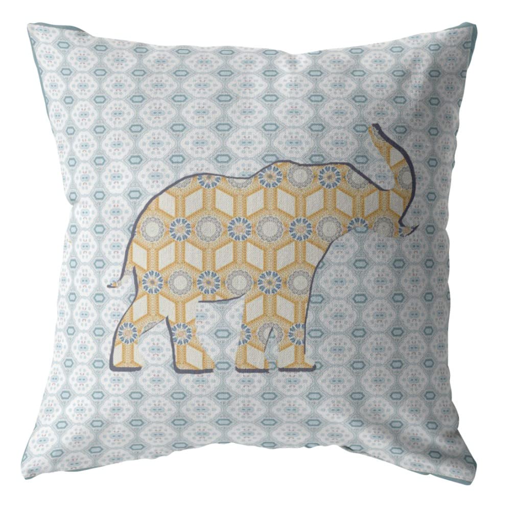 HomeRoots Yellow On Light Blue Broadcloth 16' Blue Yellow Elephant Indoor Outdoor Zip Throw Pillow