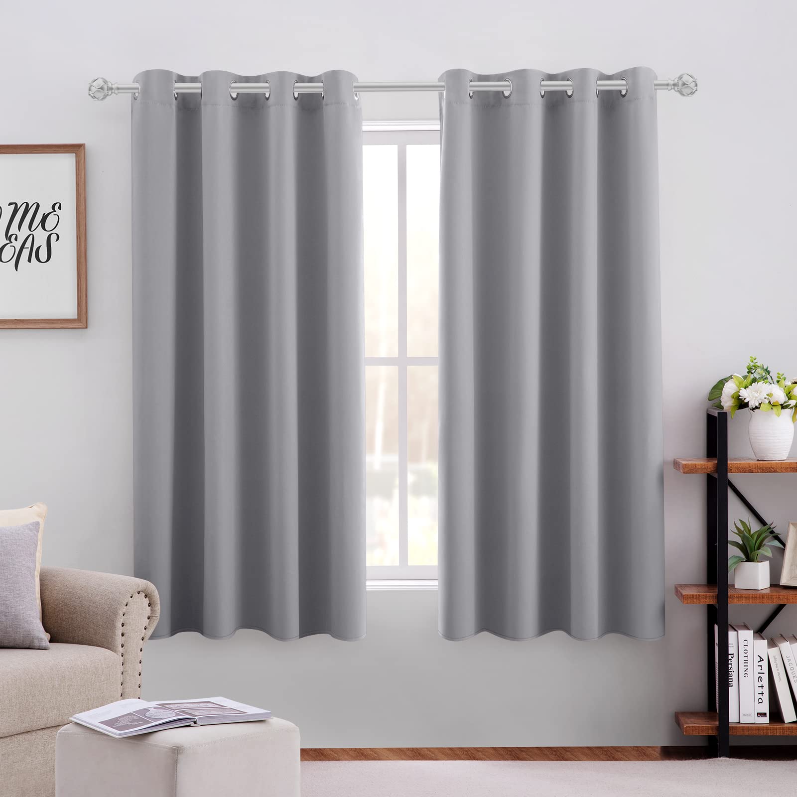 Homeideas Light Grey Blackout Curtains 52 X 63 Inch Bedroom Curtains Set Of 2 Panels Room Darkening Curtains/Drapes, Thermal Gro